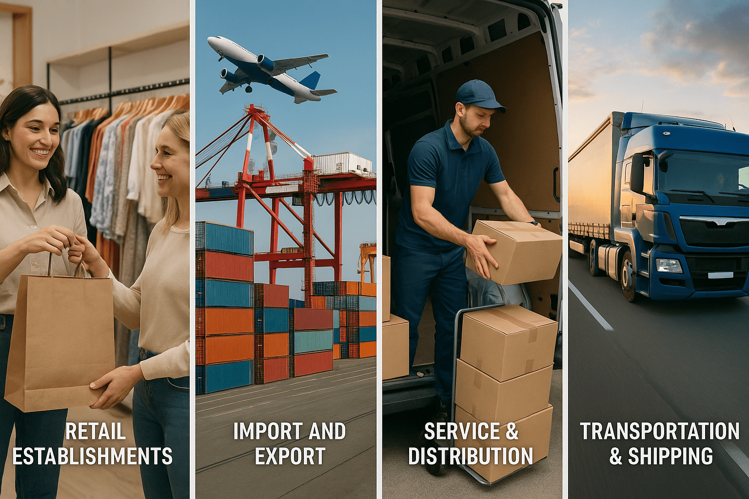 retail establishments, import and export, service & distribution and transportation & shipping